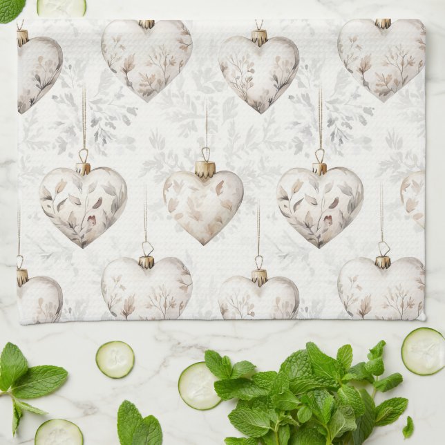 Chic Cream Grey Hearts Ornaments   Geschirrtuch (Gefaltet)