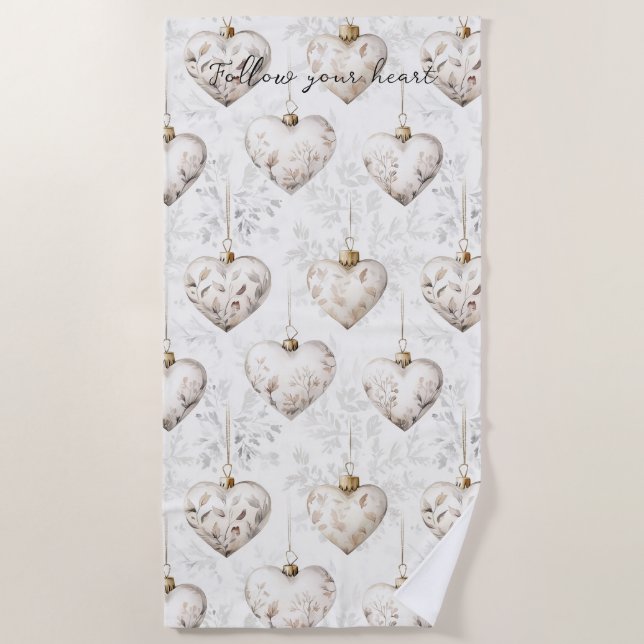 Chic Cream Grey Hearts Ornaments   Strandtuch (Vorderseite)