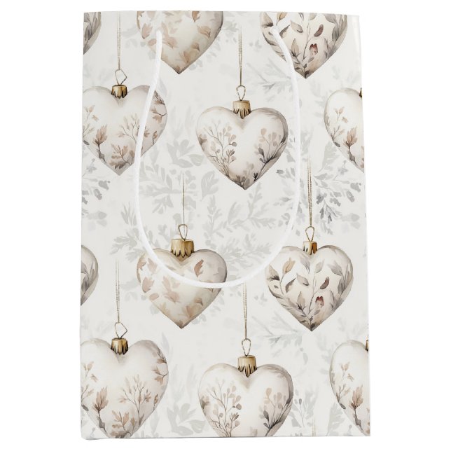 Chic Cream Grey Hearts Ornaments Wedding Mittlere Geschenktüte (Vorderseite)