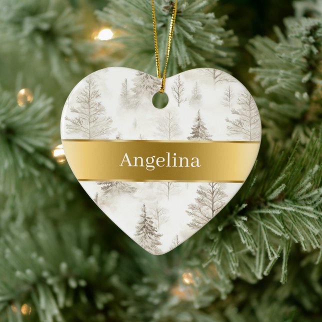 Chic Cream Trees Gold Ribbon Christmas Keramik Ornament (Baum)