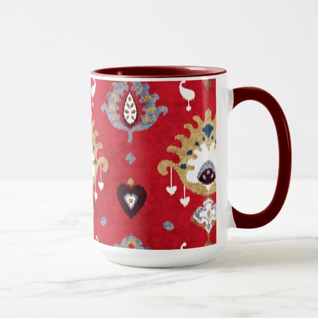 Chic crimson Red Gelb Ikat Stammmuster Tasse (Rechts)
