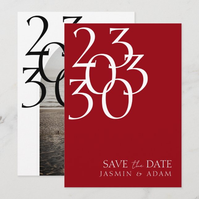 Chic Crimson Red White Minimal Foto Hochzeit Save The Date (Vorne/Hinten)