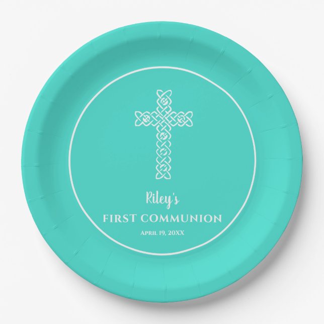Chic Cross auf Türkis Erste Kommune Pappteller (Vorderseite)