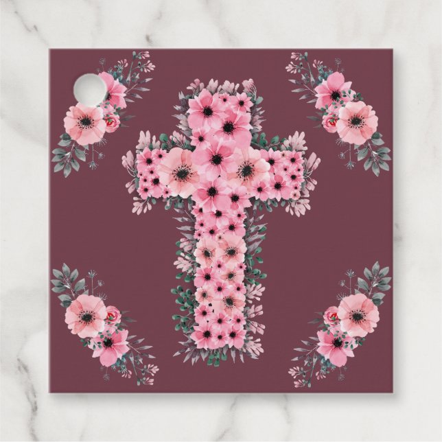Chic Cross First Heilige Kommunion Girl Pink Blume Geschenkanhänger (Vorderseite)
