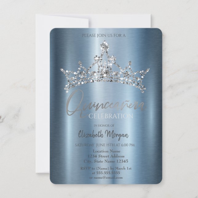 Chic Crown Blue Metallic Quinceñera Einladung (Vorderseite)