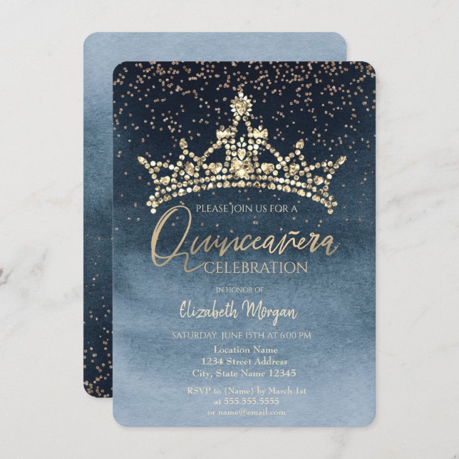 Chic Crown Confetti Navy Blue Quinceañera Einladung (Vorne/Hinten)