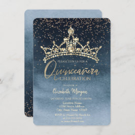 Chic Crown Confetti Navy Blue Quinceañera Einladung