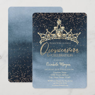 Chic Crown Confetti Navy Blue Quinceañera Einladung