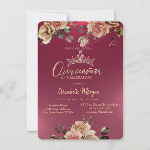 Chic Crown Vintage Rosen Burgunder Quinceañera  Einladung