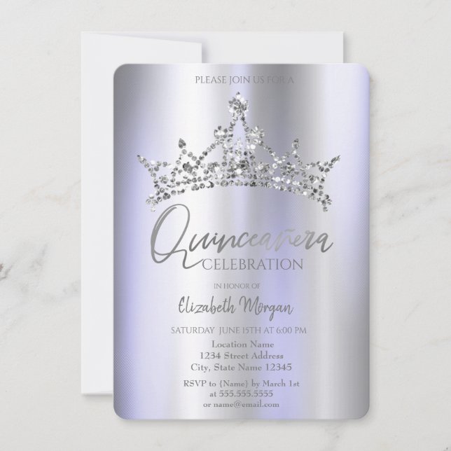 Chic Crown Violet Metallic Quinceñera Einladung (Vorderseite)