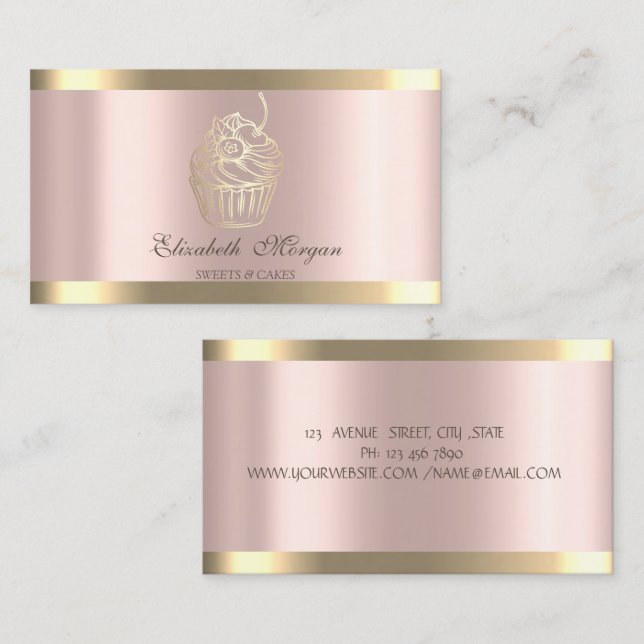 Chic Cupcake Gold Strip Rose Gold Bäckerei Visitenkarte (Vorne/Hinten)