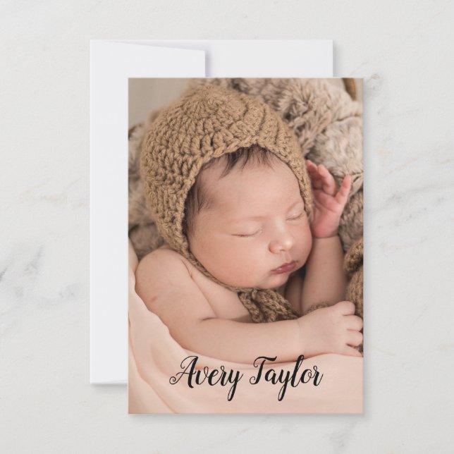 Chic Custom Baby Foto Name Script Birth Ankündigung (Vorderseite)