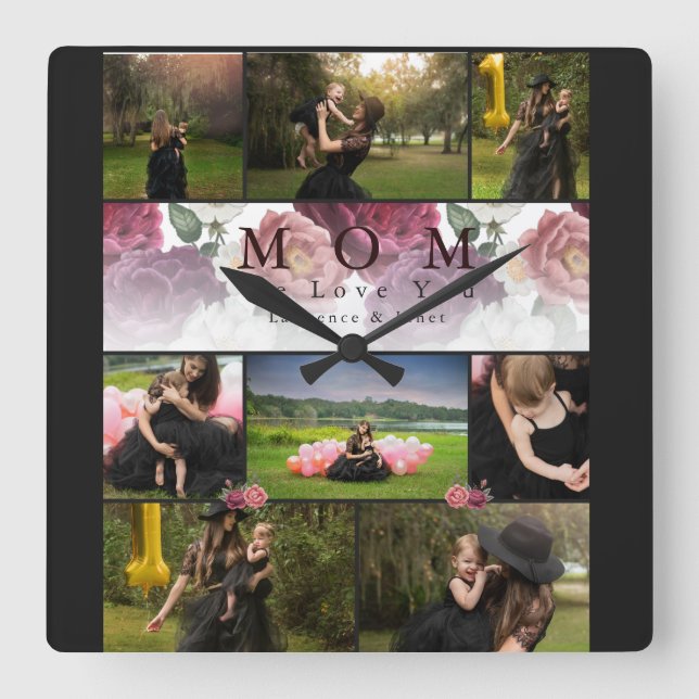 Chic Custom Floral Family und Mutter Foto Collage Quadratische Wanduhr (Vorderseite)