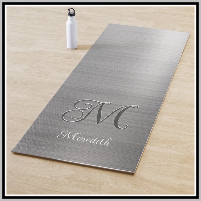 Chic Custom Monogram Gray Brushed Metallic Script Yogamatte (Von Creator hochgeladen)