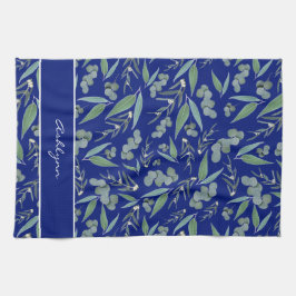 Chic Custom Navy Blue Eucalyptus Greenerity Patter Geschirrtuch