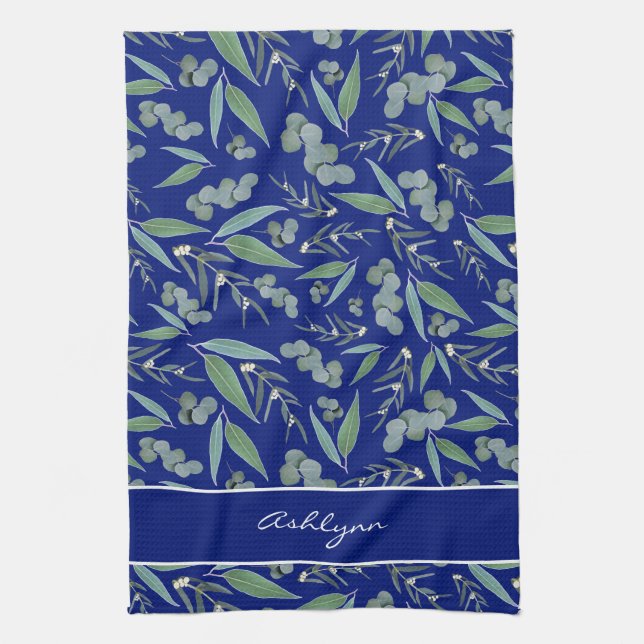 Chic Custom Navy Blue Eucalyptus Greenerity Patter Geschirrtuch (Vertikal)
