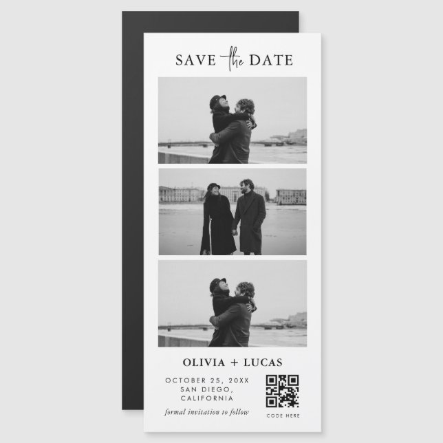 Chic Custom QR Code Foto Strip Magnetic Wedding Magnetkarte (Vorne/Hinten)