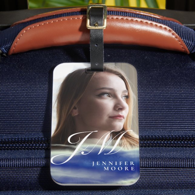 Chic Custom Torquoise Blue Abstrakt Foto Monogram Gepäckanhänger (Vorderseite Insitu 2)