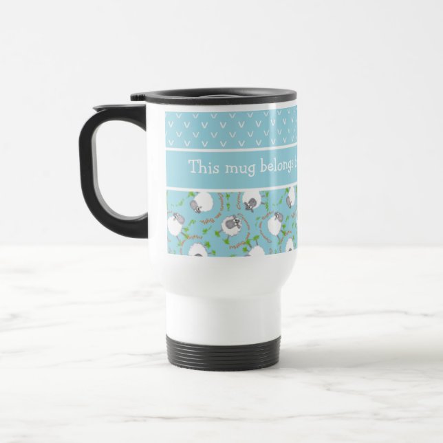 Chic Custom Travel Mug: Blau, Fun Sheep Muster Reisebecher (Links)