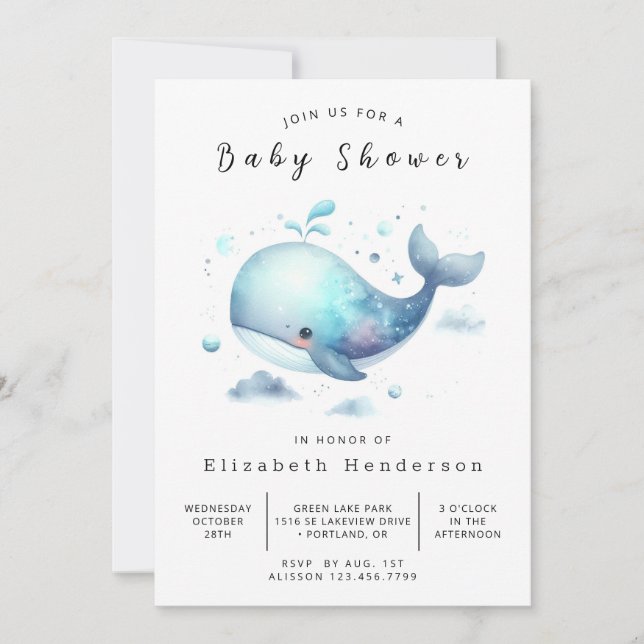 Chic Custom Whale Baby Dusche Einladung (Vorderseite)