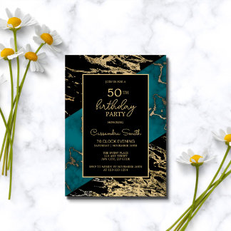 Chic Cyan Marble Gold Foil Paint Texture Geburtsta Einladung
