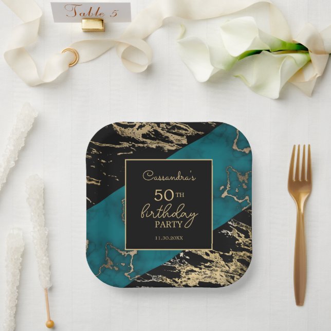 Chic Cyan Marble Gold Foil Paint Texture Geburtsta Pappteller (Hochzeit)