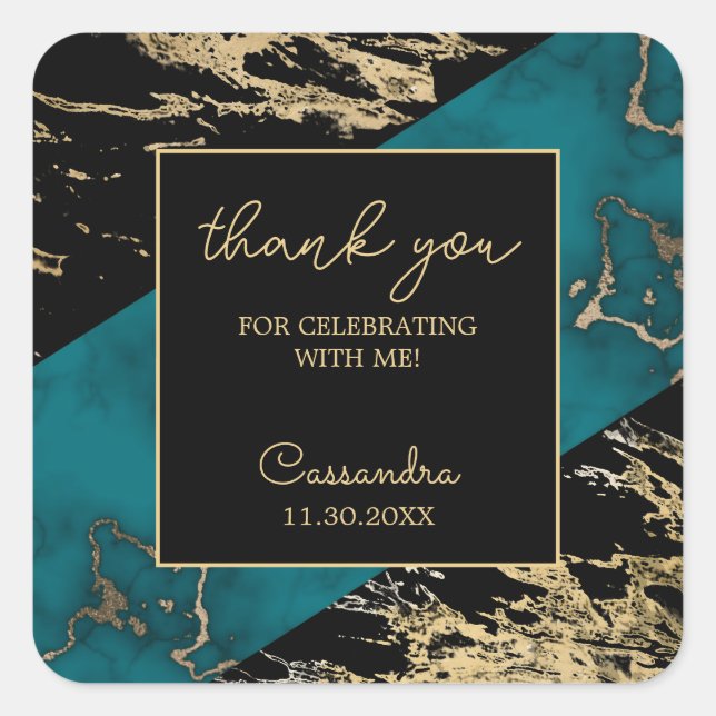 Chic Cyan Marble Gold Foil Paint Texture Geburtsta Quadratischer Aufkleber (Vorderseite)