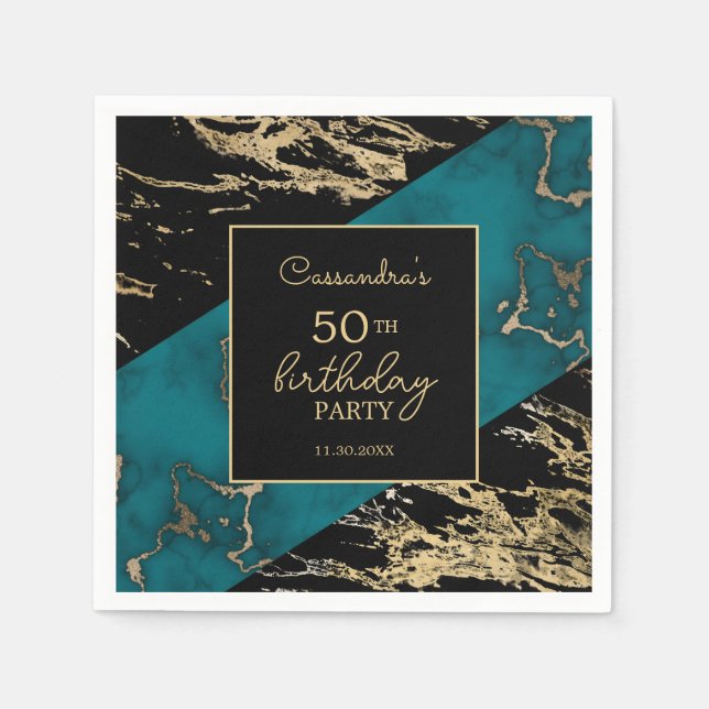Chic Cyan Marble Gold Foil Paint Texture Geburtsta Serviette (Vorderseite)