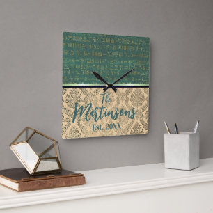 Chic Damask ägyptische Hieroglyphen Familienname Quadratische Wanduhr