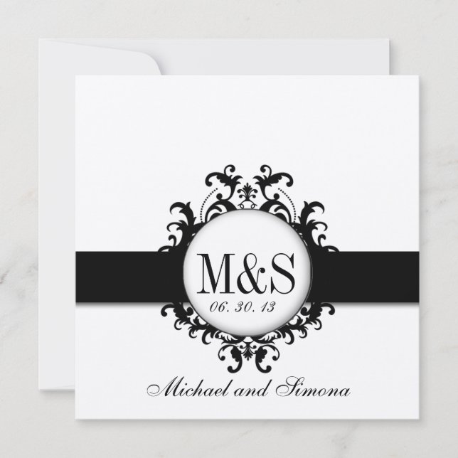 Chic Damask Monogramme Hochzeitscreme Einladung (Vorderseite)