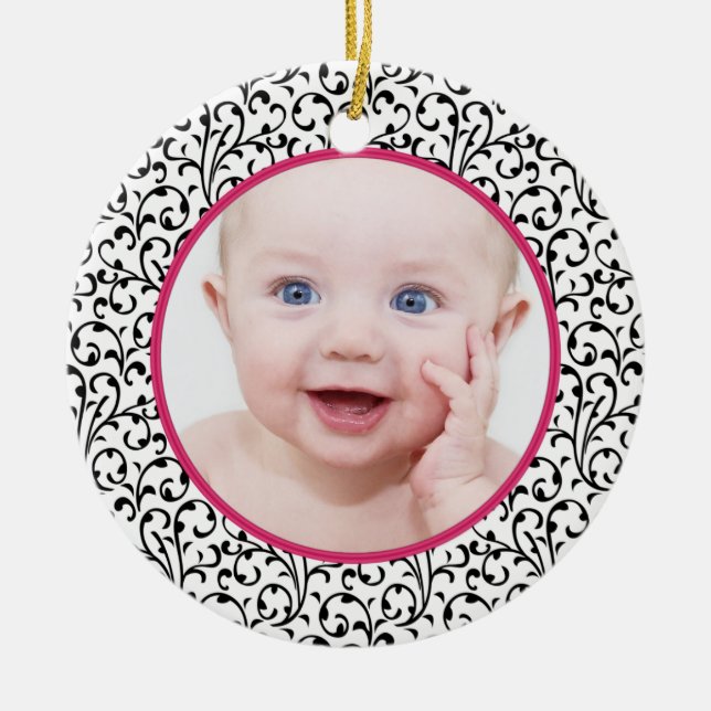 Chic Damask Pink Baby's First Christmas Keramikornament (Vorne)