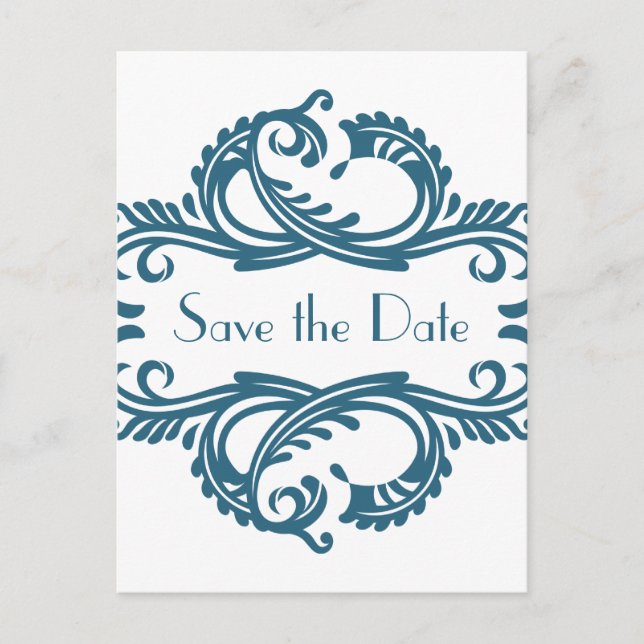Chic Damask Save the Date Postcard, blau Ankündigungspostkarte (Vorderseite)