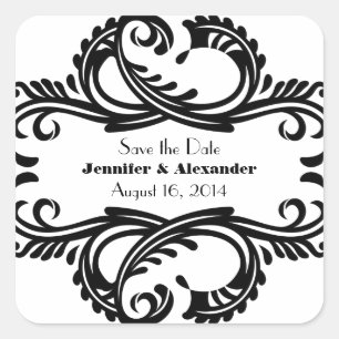 Chic Damask Save the Date Stickers, Black Quadratischer Aufkleber