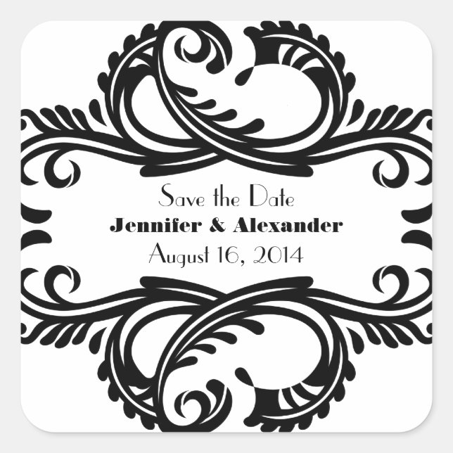 Chic Damask Save the Date Stickers, Black Quadratischer Aufkleber (Vorderseite)