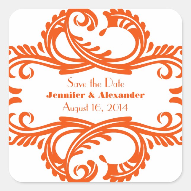Chic Damask Save the Date Stickers, Orange Quadratischer Aufkleber (Vorderseite)