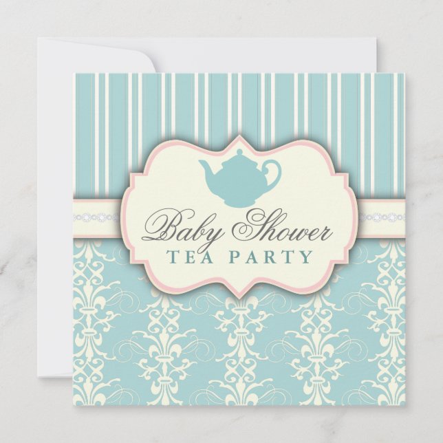 Chic Damask & Stripe Babydusche Einladung (Vorderseite)