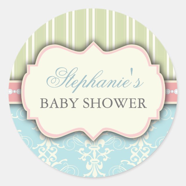 Chic Damask & Stripe Babydusche Sticker (Vorderseite)