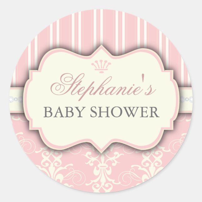 Chic Damask & Stripe Babydusche Sticker (Vorderseite)