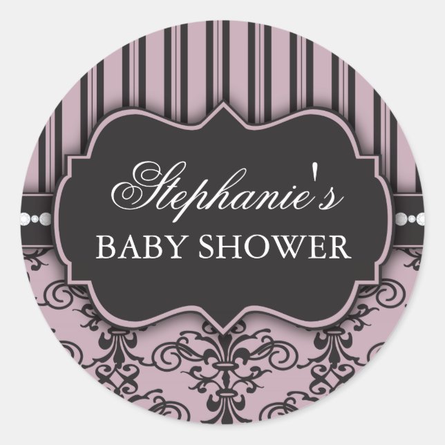 Chic Damask & Stripe Babydusche Sticker (Vorderseite)