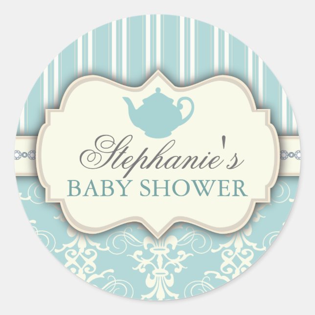 Chic Damask & Stripe Babydusche Sticker (Vorderseite)