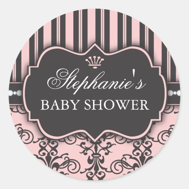 Chic Damask & Stripe Babydusche Sticker (Vorderseite)