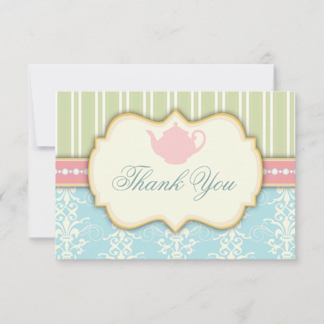 Chic-Damast u. Streifen-Brautparty-Tee-Einladung Dankeskarte (Vorderseite)