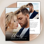 Chic Dankeschön Script 2 Foto Hochzeit Danke Karte<br><div class="desc">Modernes Chic Boho Kalligraphie Script Hochzeit 2 Foto Danke Karte. Stilvolle Hochzeit danke Ihnen Vorlage mit einem vollen vertikalen Foto auf der Vorderseite mit dem Text "Danke" in einer skurrilen Wirblen Hand Schrift Schriftzug Swash Schwanz Schriftart in Weiß Overlay auf dem Bild und eine Rückseite ein (1) Foto und vorgefertigte...</div>