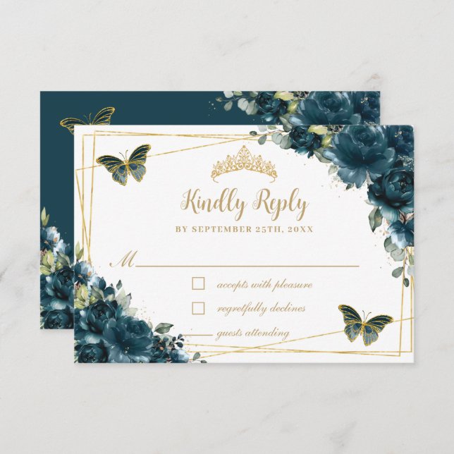 Chic Dark Aquamarin Floral Gold Schmetterlinge Qui RSVP Karte (Vorne/Hinten)