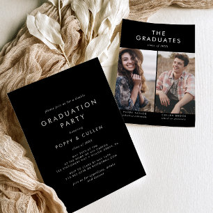 Chic Dark Black Foto Double Graduation Party Einladung