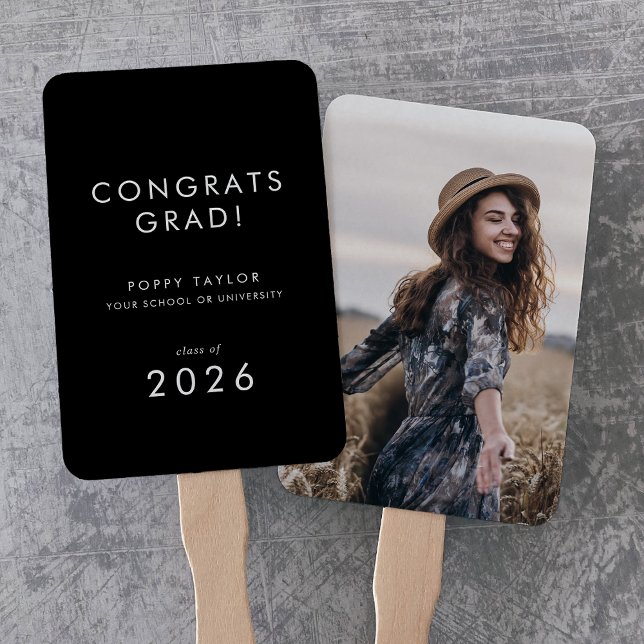 Chic Dark Black Glückwunschs Grad Foto Abschluss Fächer (Chic Dark Black Congrats Grad Photo Graduation Hand Fan)