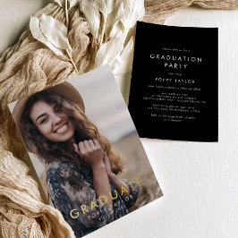 Chic Dark Black Gold Foil Foto Graduation Party Folieneinladung