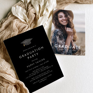 Chic Dark Black Grad Cap Foto Graduation Party Einladung