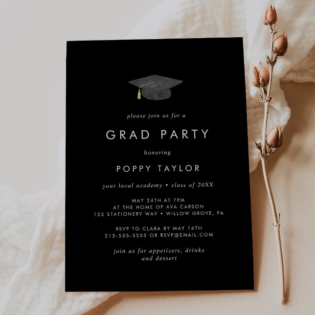 Chic Dark Black Graduation Cap Grad Party Einladung (Von Creator hochgeladen)