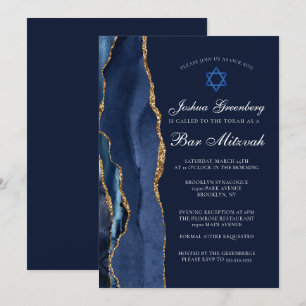 Chic Dark Blue Gold Agate Bar Mitzvah Party Einladung